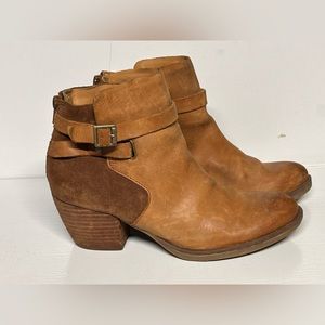 Korks Reynosa Tan Leather Suede Heeled Bootie Ankle Boot Zipper Closure, Size 6M